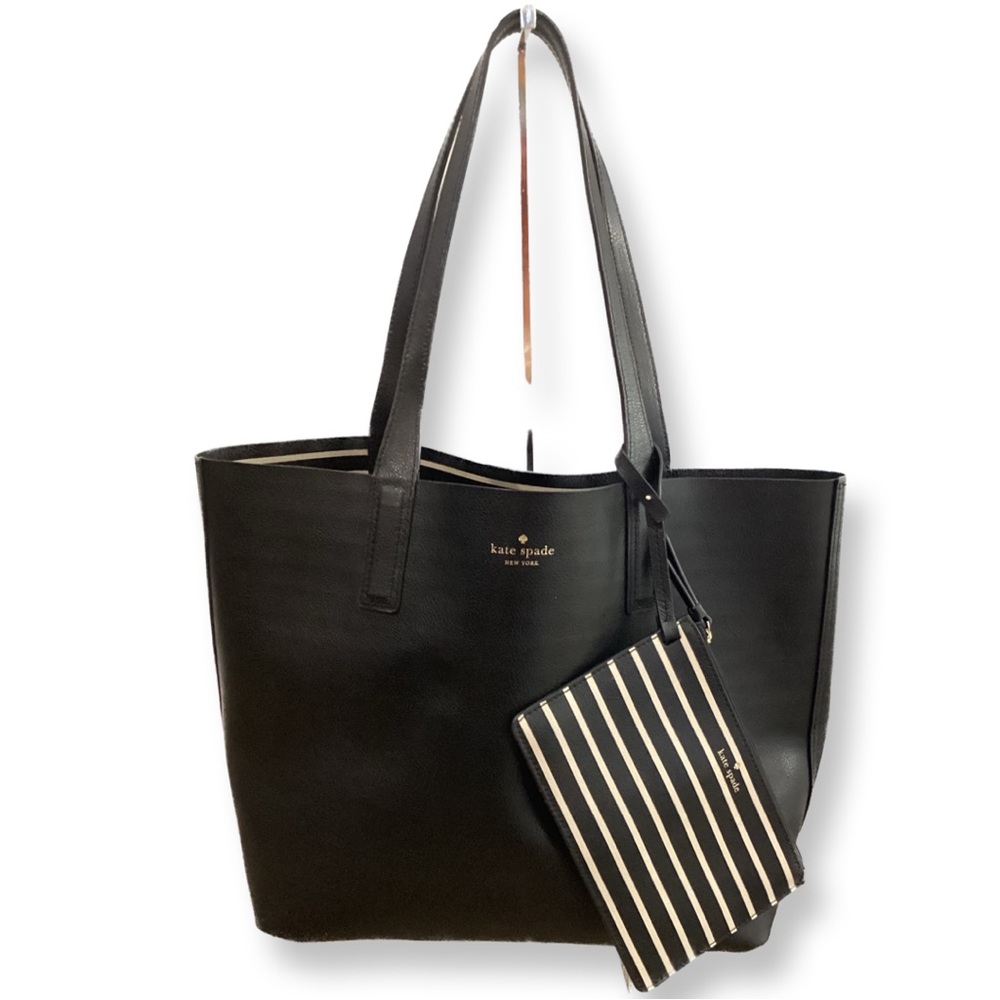 Kate Spade Maya Reversible Black & White Striped Tote w/Coin Purse Pre-owned